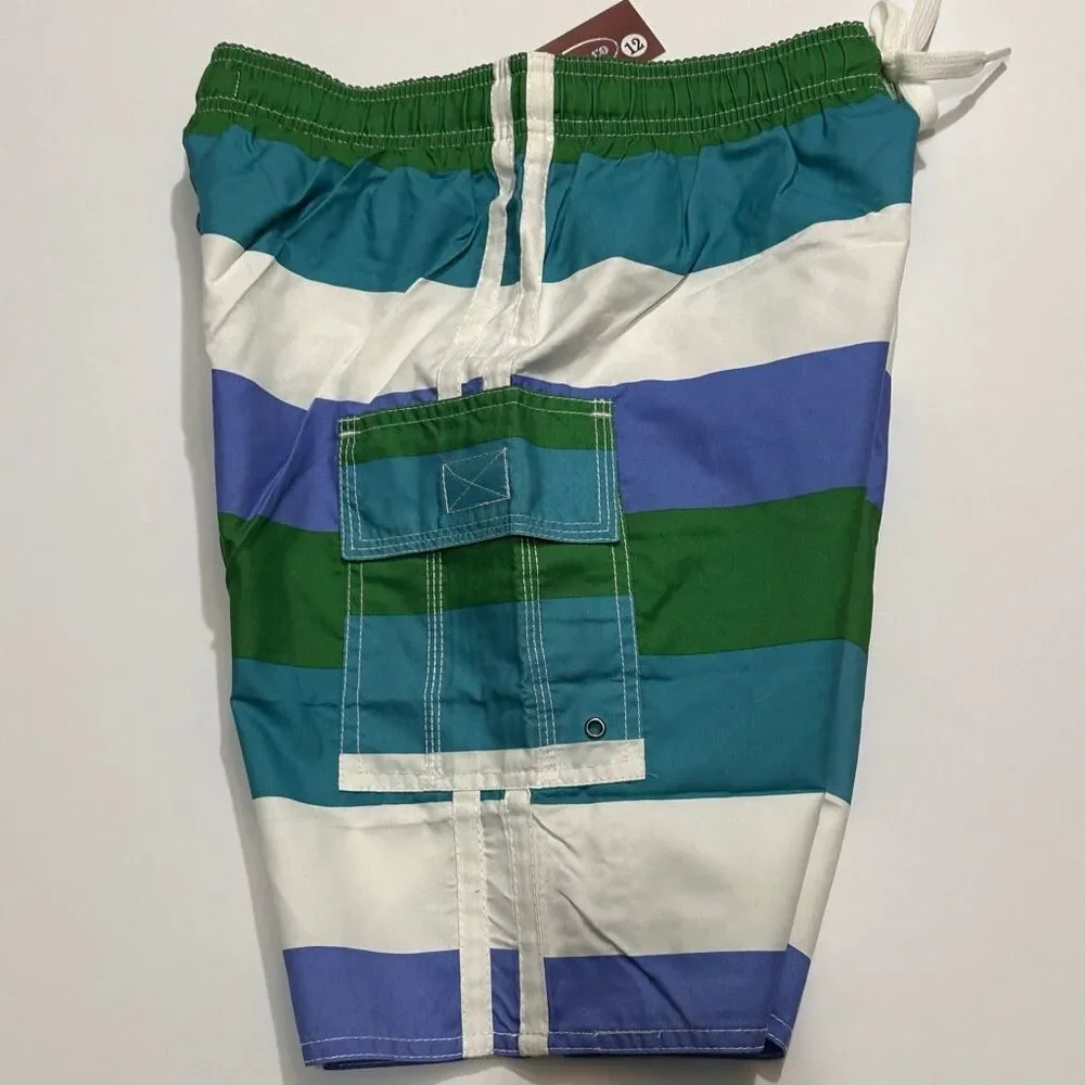 Chalaco Striped Swim Trunks Blue, Green, White | Men Size 12/Medium